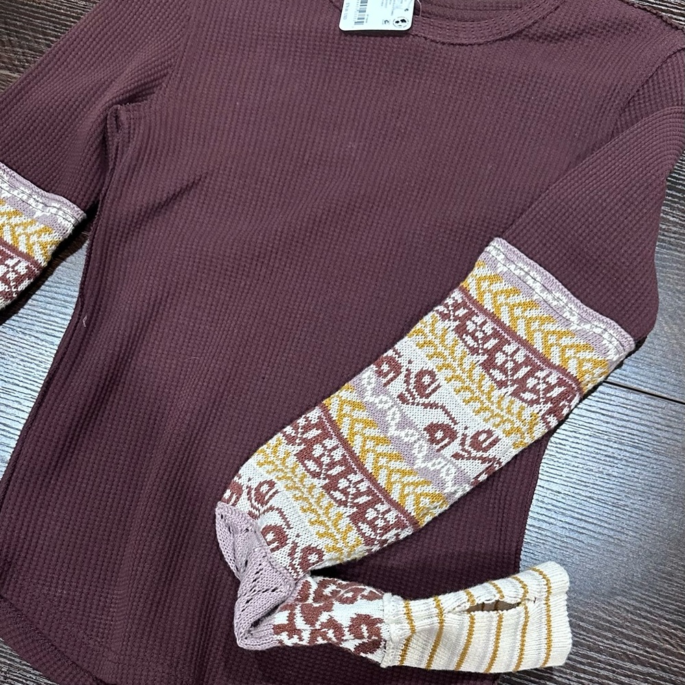 FREE PEOPLE Brown Long Sleeve Top with Patterned Sleeves